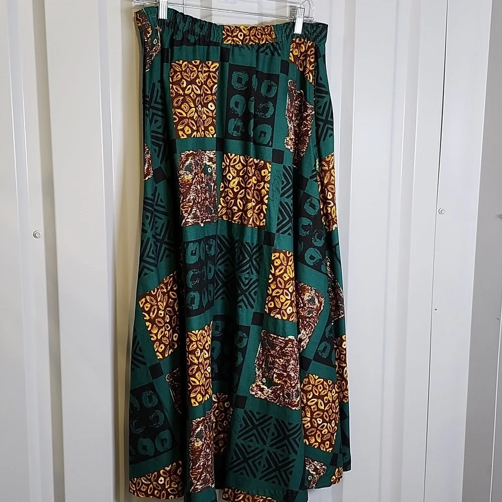 Gene Ewing BIS Vintage 80s Patchwork Print Circle Skirt Green Brown Size Small - Picture 2 of 10